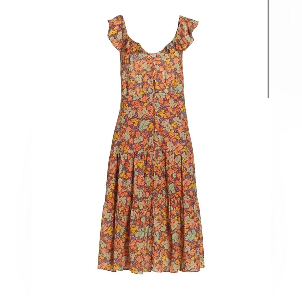 Veronica Beard Malgosia Floral-Print Button-Front‎ Ruffle cottage Midi Dress